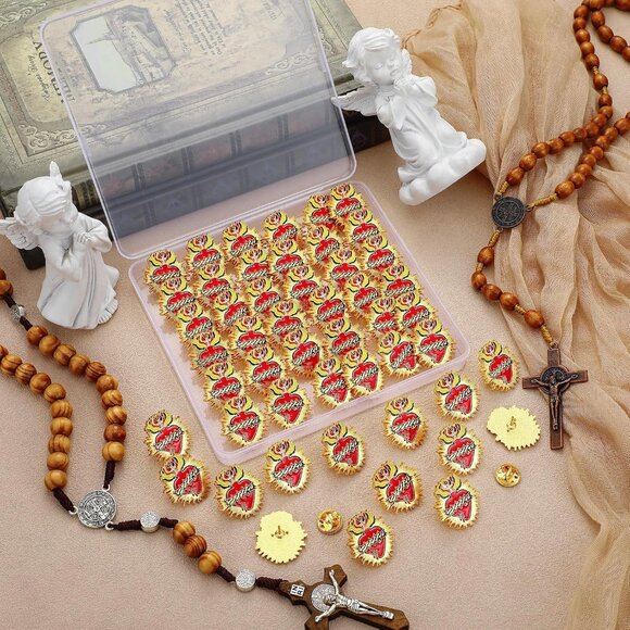 Christian Lapel Pins Sacred Heart of Jesus Enamel Brooches Bulk 50 Pack - Picture 6 of 6